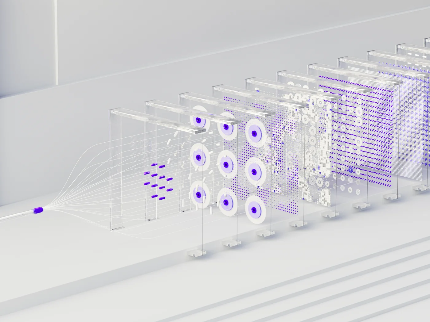 Visualización abstracta de inteligencia artificial: capas de una red neuronal en vidrio con datos en violeta atravesándolas