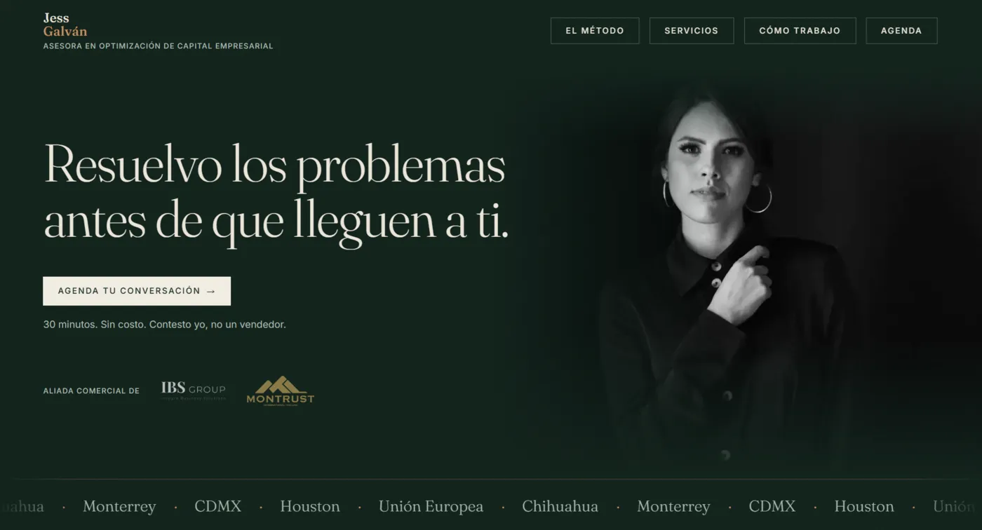Portada del sitio web de Jess Galván, asesora en optimización de capital empresarial: Resuelvo los problemas antes de que lleguen a ti