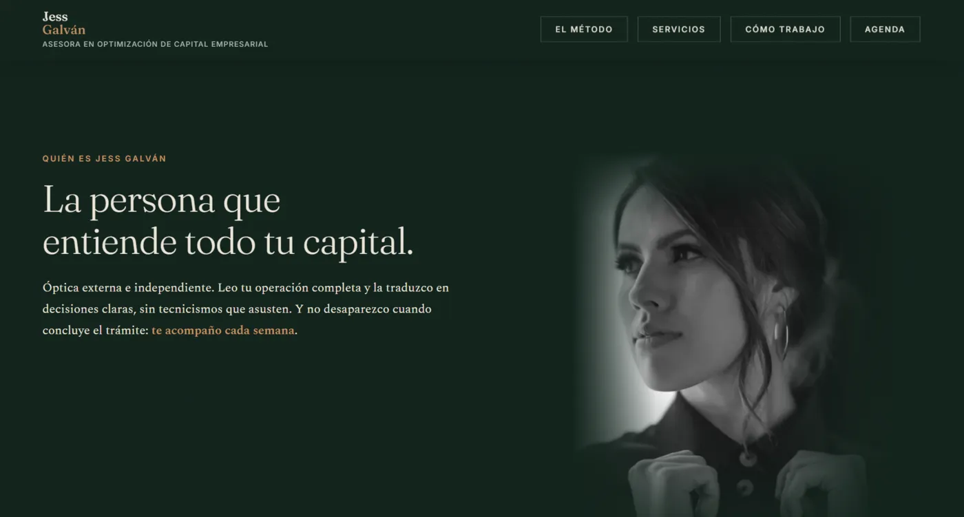 Sección del sitio web de Jess Galván, asesora en optimización de capital empresarial, diseñado por Aurea Digital